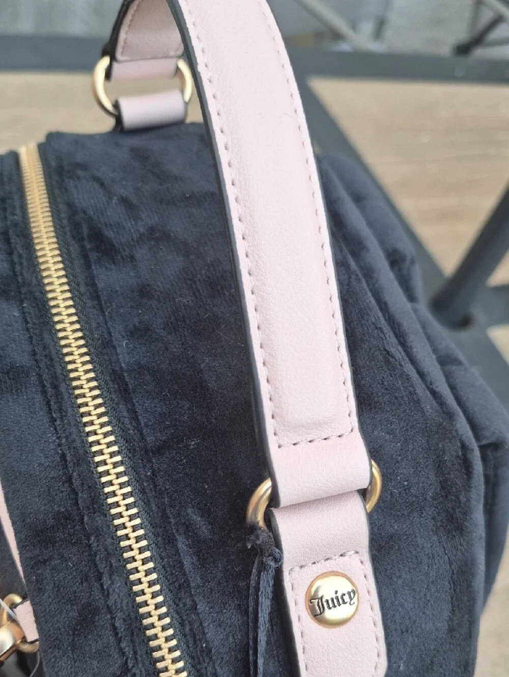 Juicy Couture Black Velvet Backpack with Pale Pink Trim